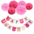 Stock Joyeux anniversaire bannière papier peint pom poms fleur pour anniversaires décoration rose blanc violet mélange