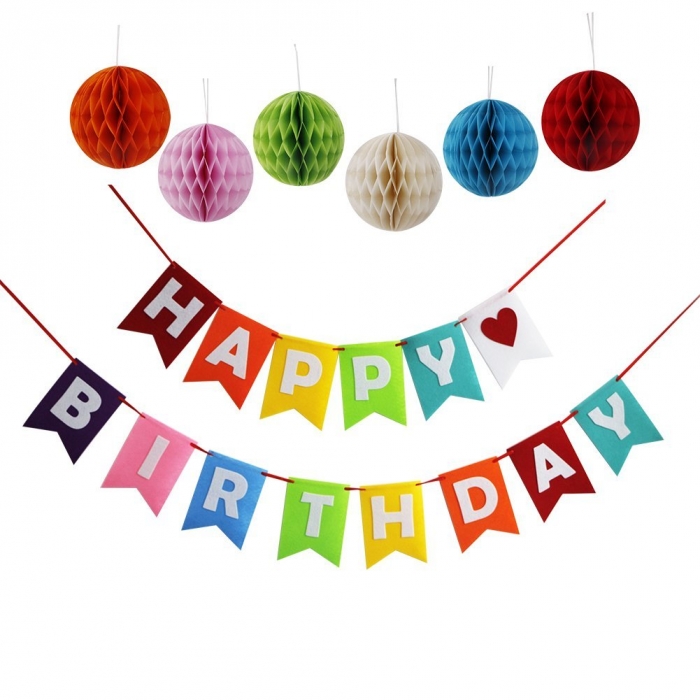 Happy Birthday Decoration Banner With Colorful Tissue Pom Pom Ball